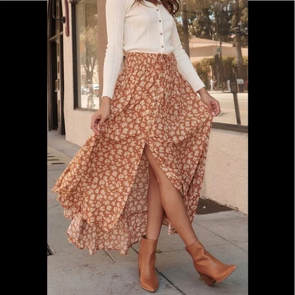 NWT Promesa Tan & Cream Floral Prairie Maxi Skirt - Picture 3 of 6